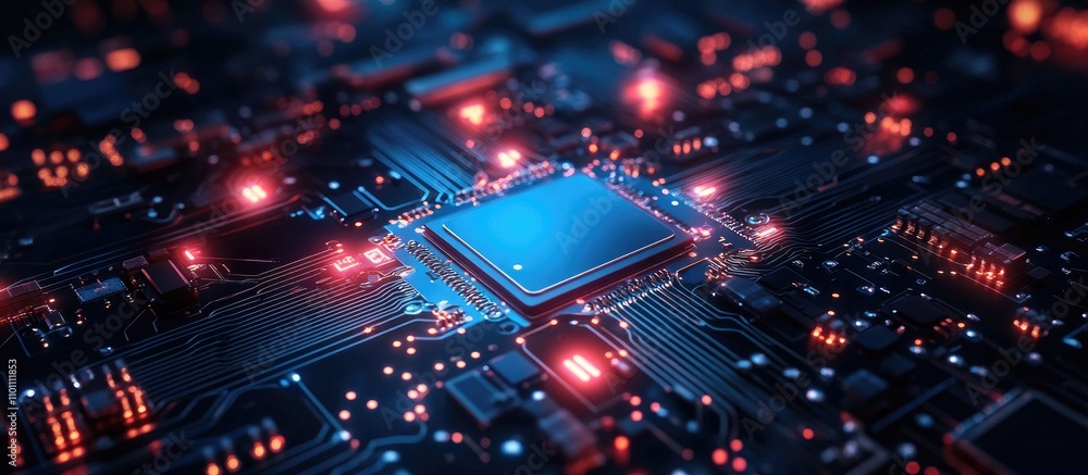 Poster electronics circuit board with glowing components showcasing advanced soldering techniques and intri