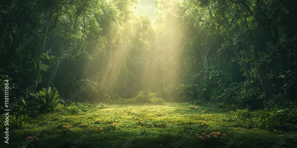 Poster A serene forest scene illuminated by soft rays of sunlight, creating a tranquil and lush green atmosphere.