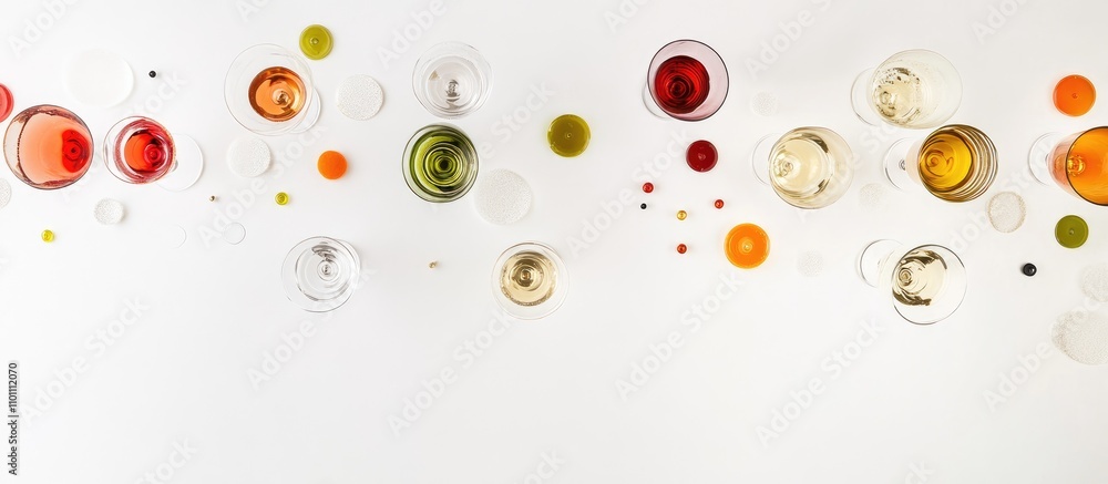 Poster elegant table setting featuring champagne glasses and colorful decorations arranged on a white backg