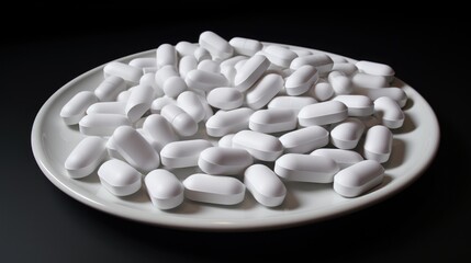 White pharmaceutical tablets arranged on a plate showcasing their texture and shape against a dark background for health-related concepts.