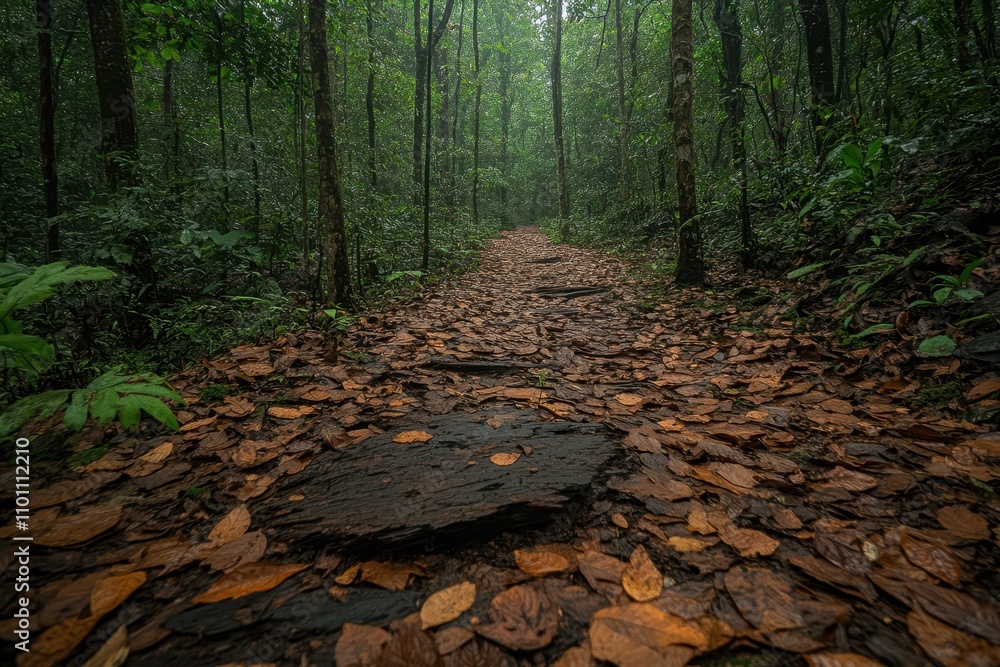 Aufkleber A serene forest path covered with fallen leaves, surrounded by lush greenery and towering trees, inviting exploration in a tranquil setting.