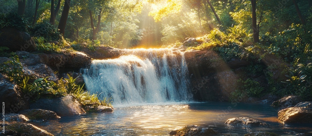 Poster serene waterfall in a lush green forest illuminated by sunlight creating a tranquil natural paradise