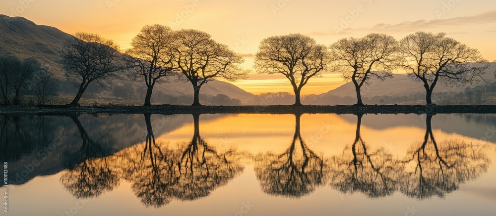 Poster serene sunrise reflection over calm lake framed by silhouetted trees and mountains in the background
