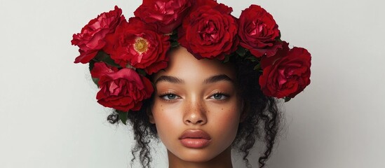 Naklejka premium Young woman adorned with a crown of red roses on a white background embodying beauty and elegance in a striking portraiture.