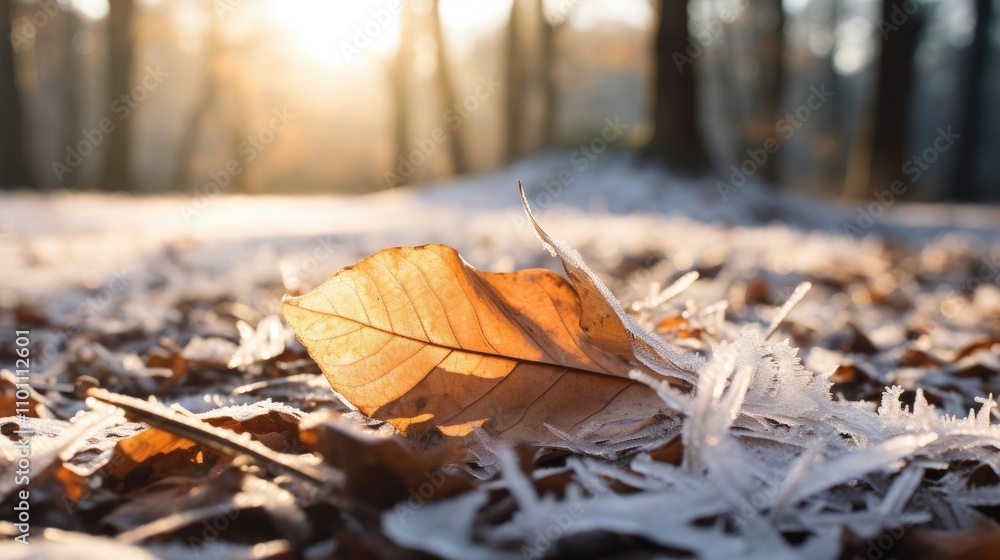 Poster Sunlight illuminating frozen dry leaves in a winter forest creating a serene and tranquil atmosphere of nature's beauty