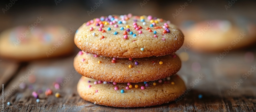 Poster delicious sugar cookies stacked on a rustic wooden surface adorned with colorful sprinkles for a fes