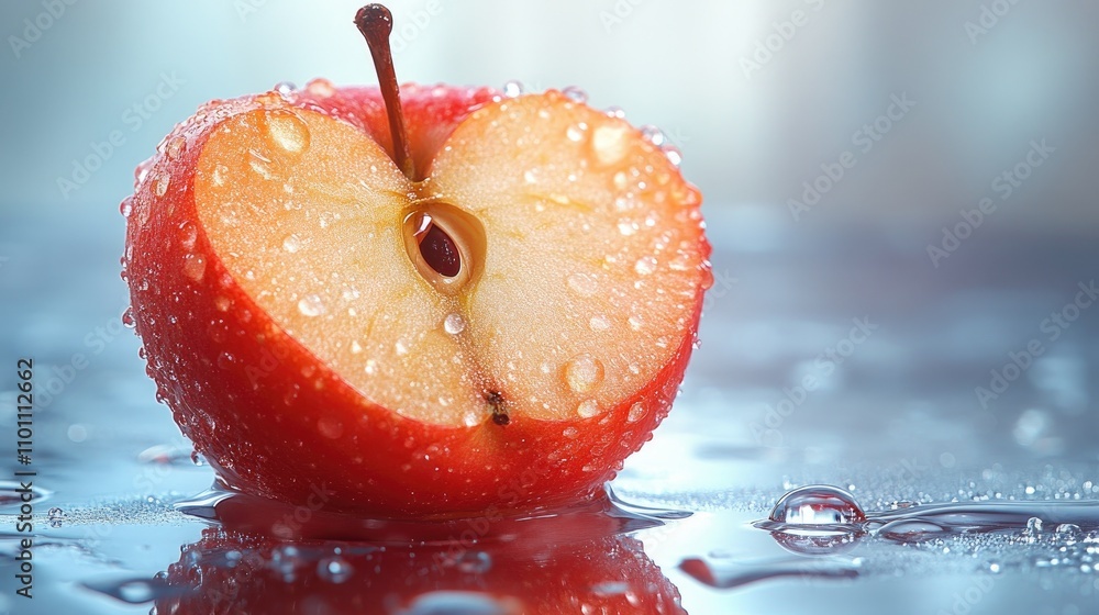 Aufkleber freshly sliced apple showcasing droplets on a reflective surface with a soft studio background highl
