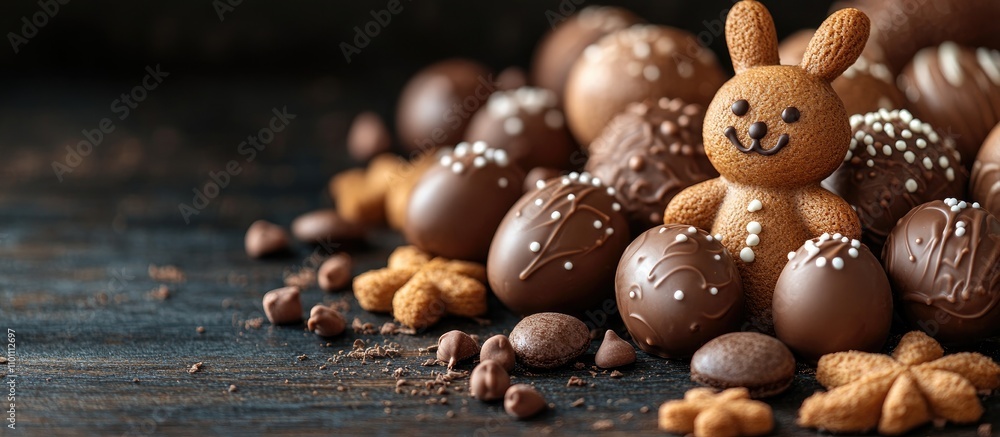Poster easter treats selection featuring chocolate eggs and gingerbread bunnies on a dark wooden surface wi