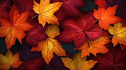 Fototapeta premium Vibrant autumn maple leaves in shades of red orange and yellow creating a warm natural background ideal for seasonal themes.