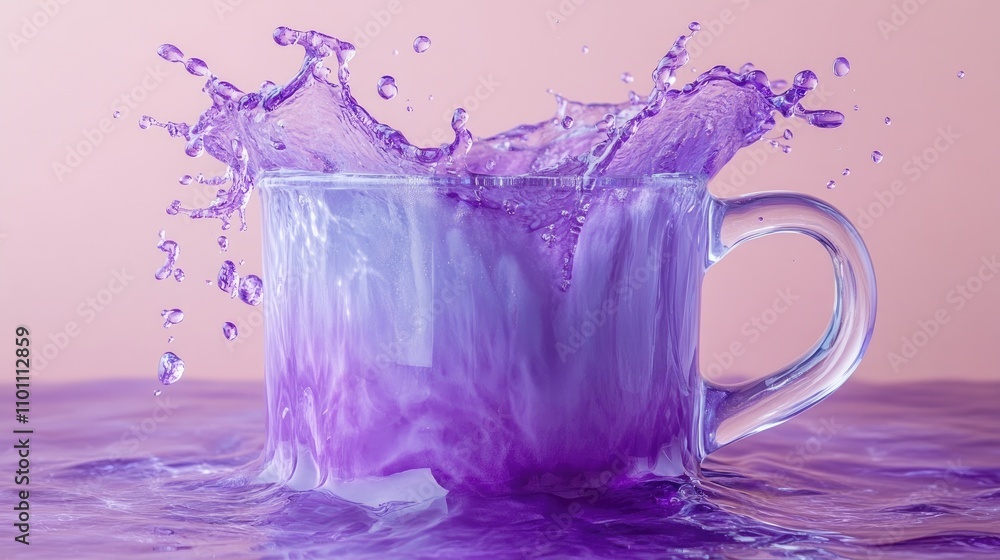 Poster close-up of a transparent mug with purple liquid splashing out against a soft pink background showca
