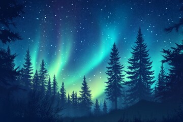 A vibrant green and purple aurora borealis lights up the night sky above a dark silhouette of tall evergreen trees in a dense forest.