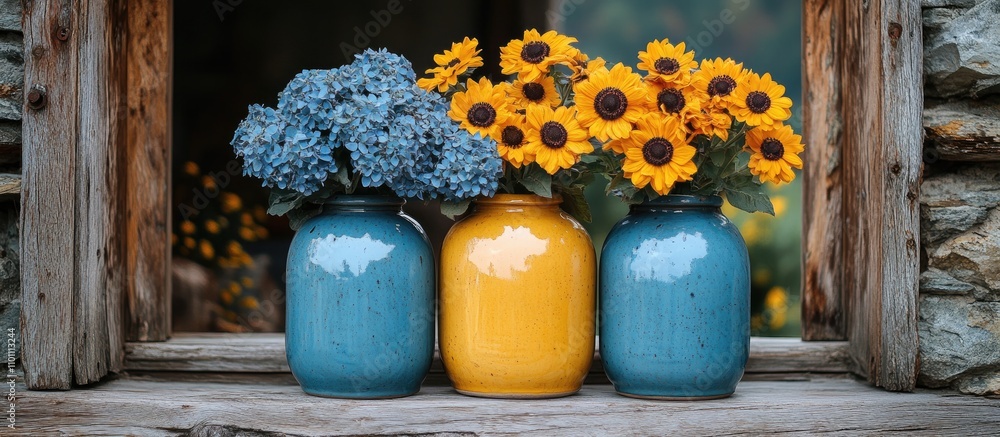 Poster vibrant blue and yellow flower vases displayed against rustic wooden door and stone backdrop creatin