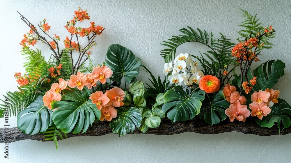 Aufkleber tropical floral arrangement with monstera leaves ferns and vanda orchids on a tree branch creating a
