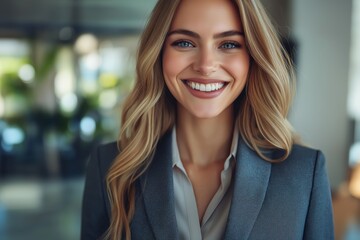 Fototapeta premium Professional woman smiling in modern office setting for business and corporate presentations