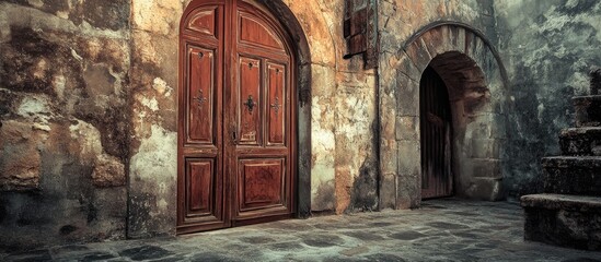Fototapeta premium Rustic ancient doors in a deserted village showcasing weathered stone walls and historical architecture inviting exploration and nostalgia.