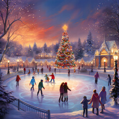 Fully bright ice skating rink surrounded by twi
