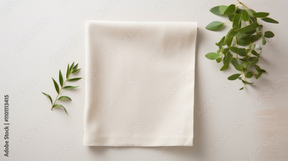 Poster Minimalist flat lay of a folded kitchen napkin surrounded by greenery ideal for mockups and product display featuring ample copy space
