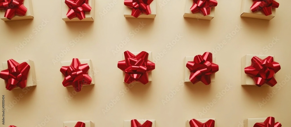 Poster elegant gift boxes with red bows arranged in a grid pattern on a beige background creating a festive