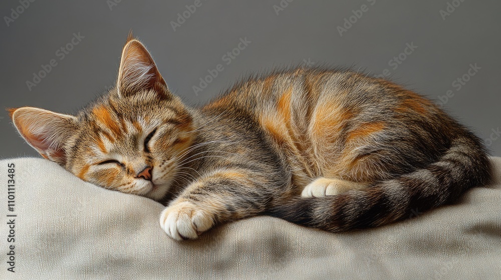 Poster Calico tabby cat peacefully sleeping on a soft surface with a serene expression and beautiful fur patterns.
