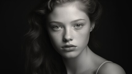 Fototapeta premium Young girl portrait with natural makeup and flawless skin against a dark background in black and white photography showcasing beauty and elegance