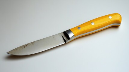 Fototapeta premium Yellow handled kitchen knife with stainless steel blade on a neutral white background showcasing kitchenware essentials for cooking and food prep.