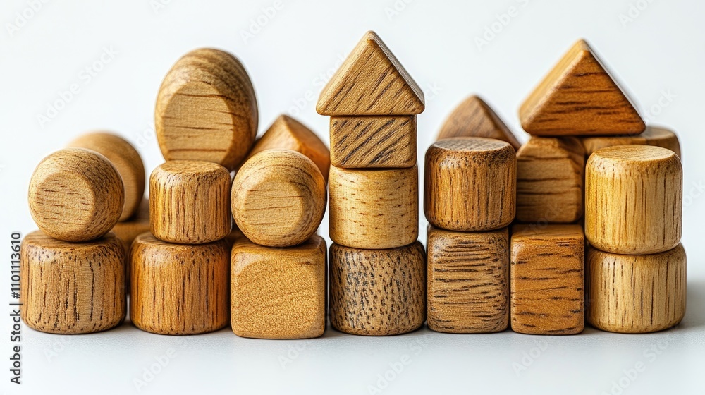 Poster wooden building blocks in various shapes and sizes arranged creatively on a clean white background f