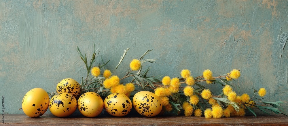 Poster Textured quail eggs and mimosa flowers arranged on a rustic wooden table creating a warm and inviting springtime atmosphere