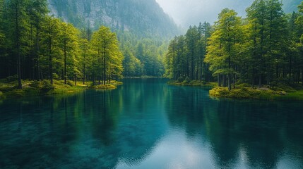 Aerial view of a tranquil forest lake bordered by serene trees and a still shoreline reflecting nature's beauty and calmness
