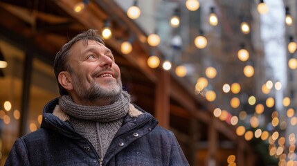 Fototapeta premium A man stands outside, smiling and looking up at warm decorative lights strung above a bustling street on a chilly winter evening