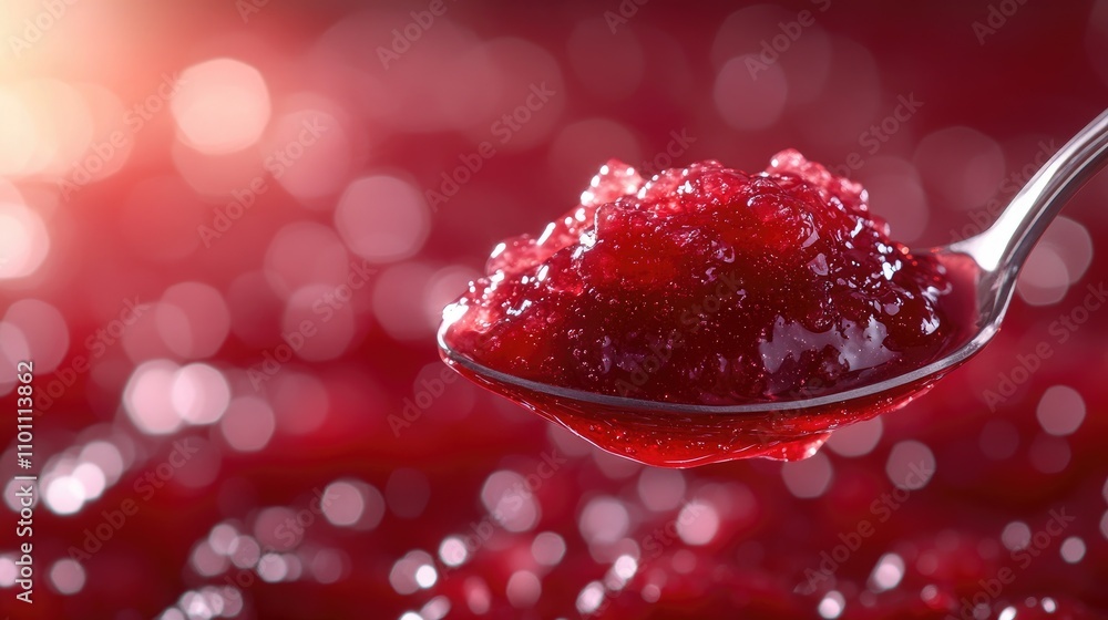 Poster Spoonful of vibrant jam with a blurred background and space for text in a cozy culinary setting