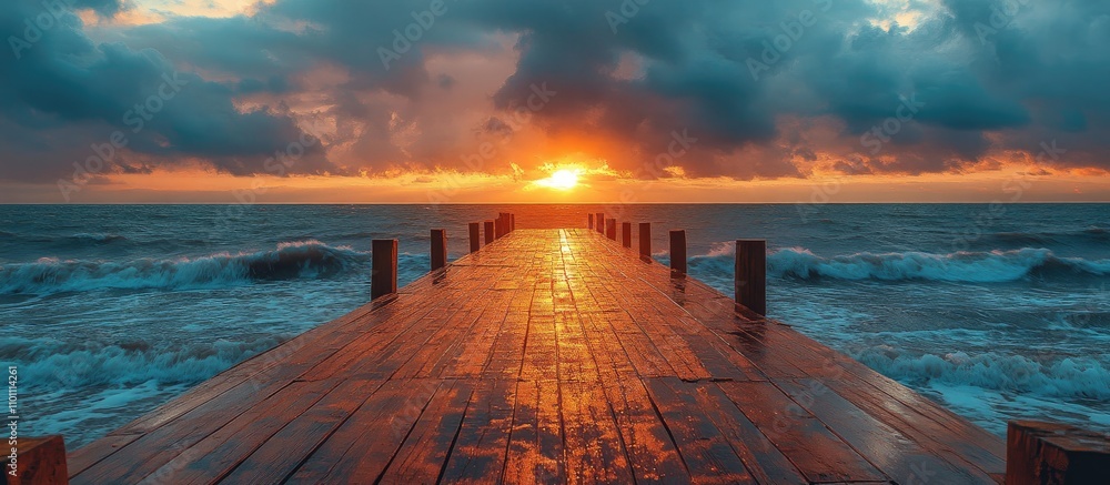 Poster scenic sunset view of a wooden pier extending into the ocean with dramatic sky and waves creating a 
