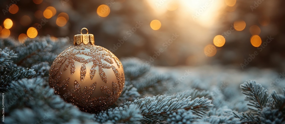 Poster elegant christmas ornament resting on snowy fir branches with warm bokeh lights creating a serene fe