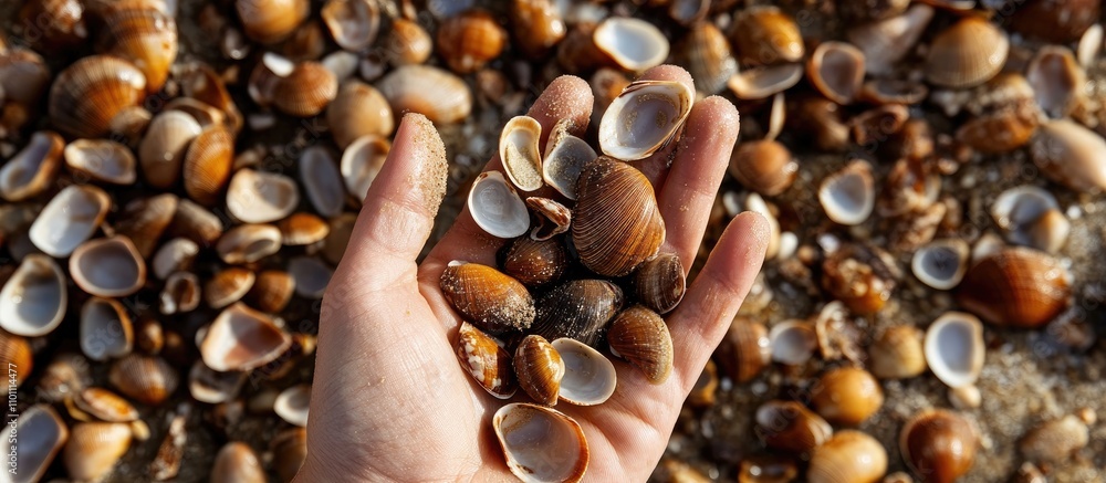 Poster hand holding assorted brown seashells on a sandy beach with a scattered shell backdrop in bright sun