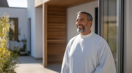 Fototapeta premium A man enjoys the outdoors in front of a contemporary home, radiating positivity and comfort while dressed casually