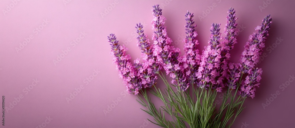 Poster lavender flowers on a purple background creating a minimalist greeting card design with ample blank 