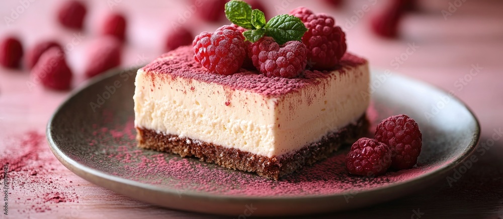 Aufkleber Tiramisu cake with raspberry garnish on a minimalist plate against soft pink backdrop creating a modern and festive dessert presentation