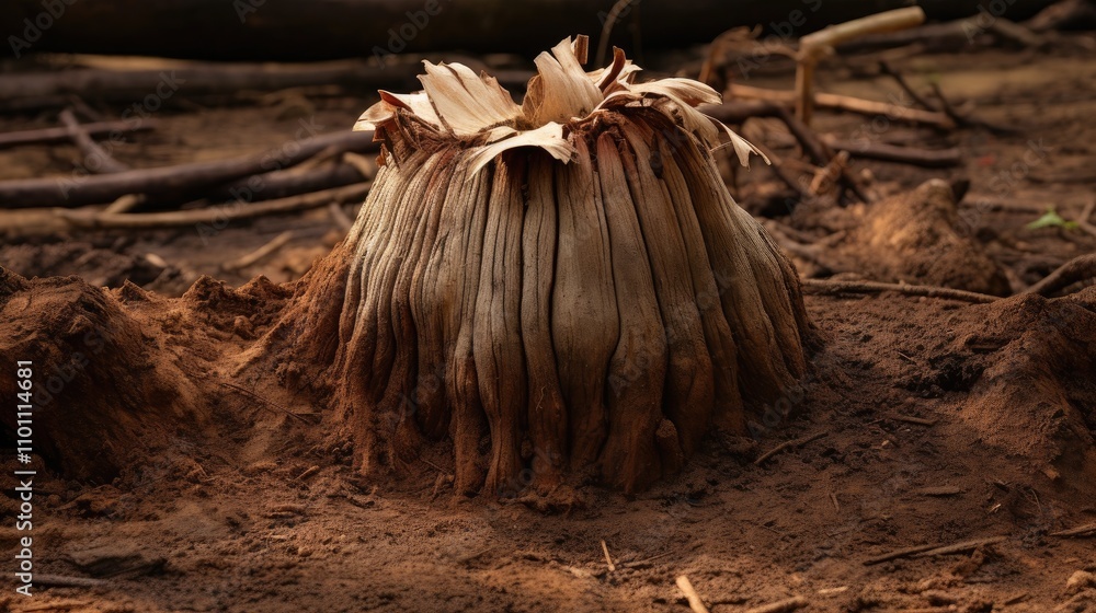 Poster old stump surrounded by dried coconut leaves on the forest floor in a natural setting showcasing the