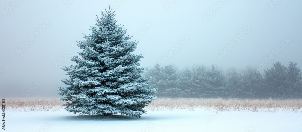 Aufkleber snow-covered evergreen tree in a serene winter landscape surrounded by soft fog and a snowy field ca