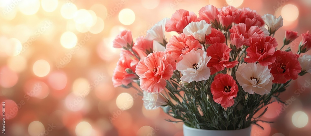 Poster festive arrangement of red and white carnations with blurred bokeh background creating a vibrant and