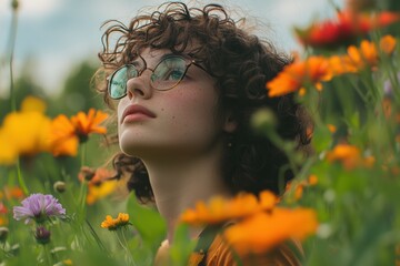 Naklejka premium Artistic Portrait of a Woman in a Field of Wildflowers
