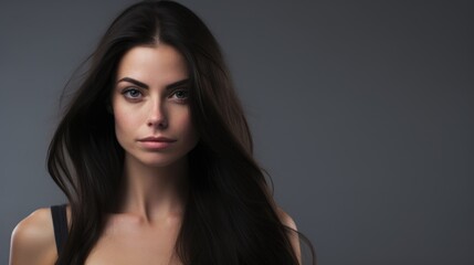 Naklejka premium Brunette woman with flowing hair posing against a textured grey background showcasing beauty and natural elegance