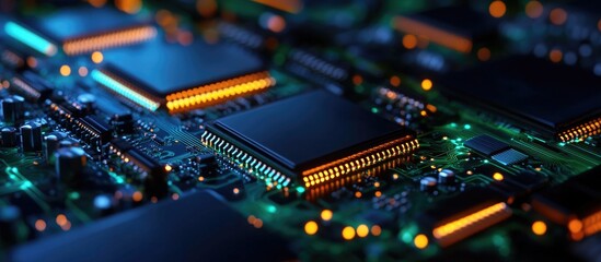Obraz premium Close up of intricate computer circuit boards highlighting technology and components in modern storage devices featuring illuminated details and sophistication