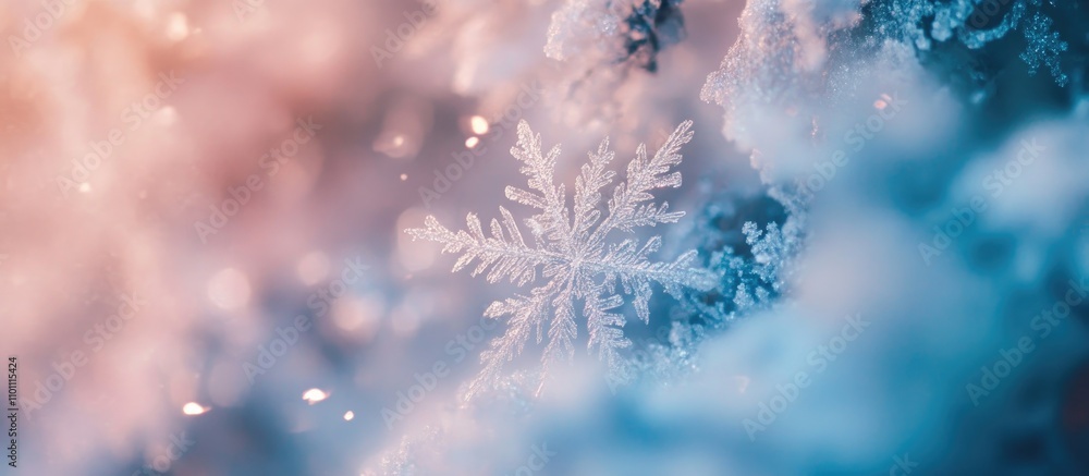 Poster Delicate snowflakes against a dreamy winter backdrop with soft colors creating a serene and enchanting winter mood