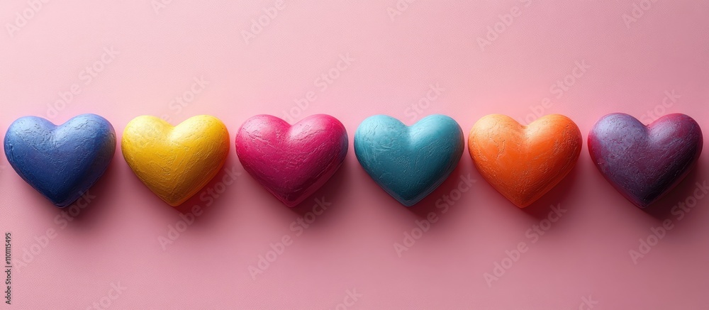 Poster colorful heart-shaped decorations on a soft pink background symbolizing love and affection in a vibr
