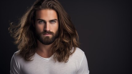 Obraz premium Male model with long hair and beard poses in studio highlighting trendy fashion styles against a minimalist backdrop.