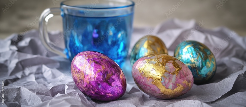 Poster elegant easter eggs in vibrant shades on crumpled paper with a blue liquid in a transparent mug crea