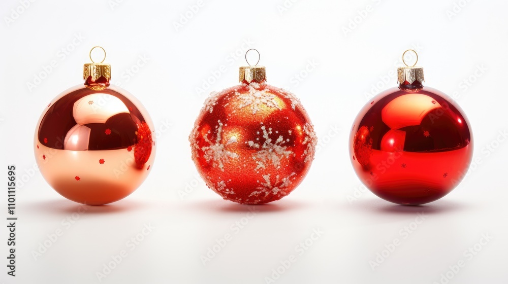 Poster three elegant red christmas ornaments with varying designs displayed on a clean white background ide