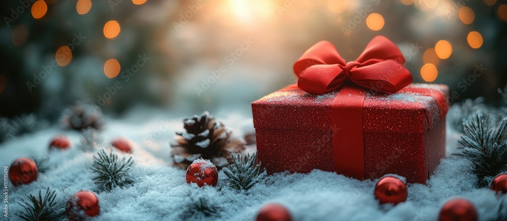 Poster winter gift box with red bow on snowy ground surrounded by ornaments and pinecones creating a festiv