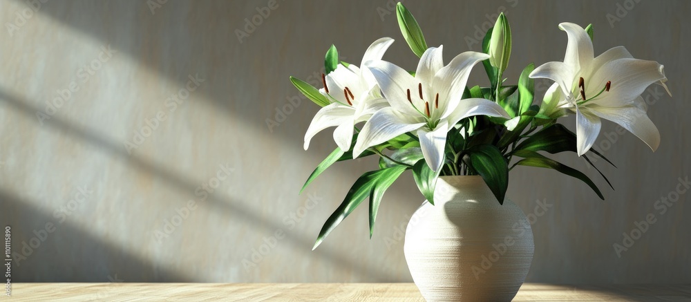 Poster elegant white lilies in a simple vase illuminated by soft daylight on a wooden table creating a sere