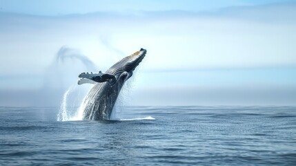 Fototapeta premium Majestic Humpback Whale Breaching in Clear Blue Ocean Waters